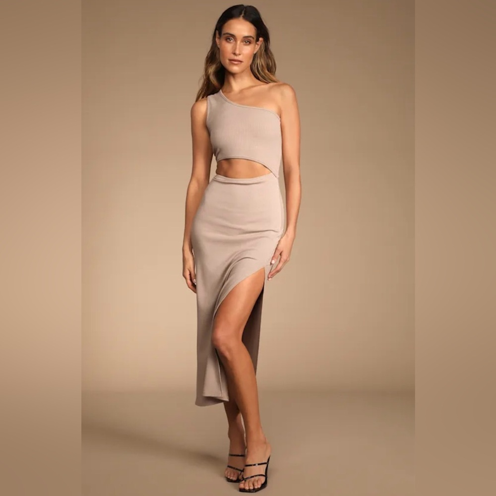 Lulus One-Shoulder Taupe/Beige Cutout Midi Dress